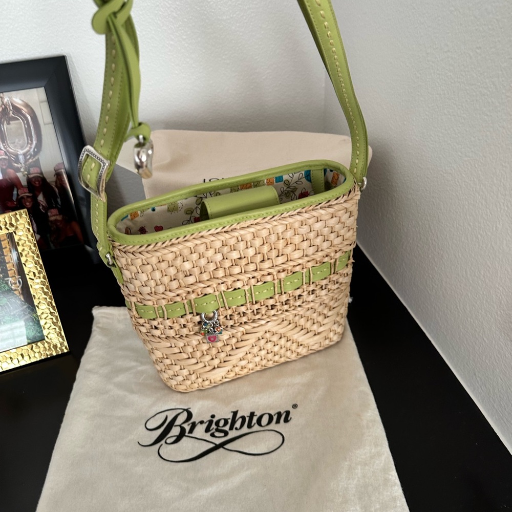 Brighton Straw and Green Leather Crossbody Bag
